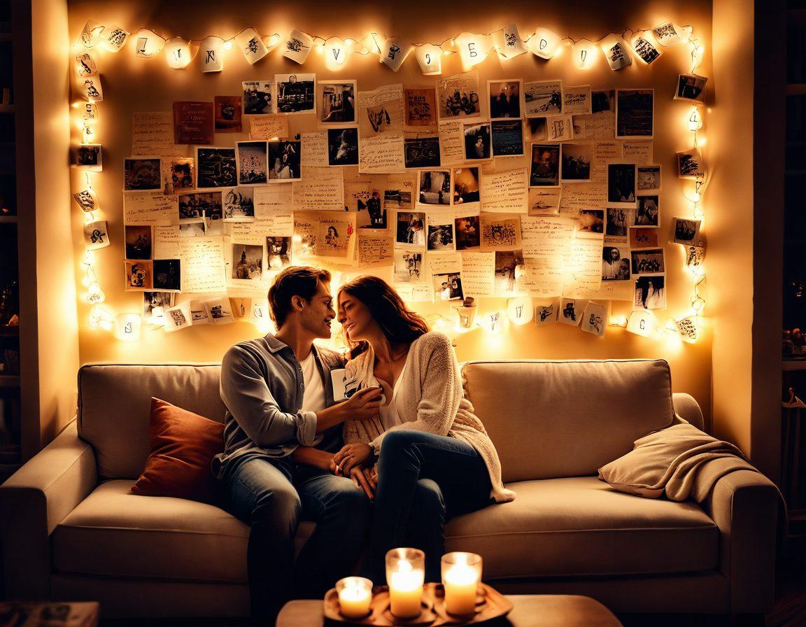 A couple sitting together on a cozy couch, sharing a heartfelt moment, surrounded by warm candlelight and soft pillows, with a backdrop of love letters and photographs on the wall, conveying deep emotional connection and intimacy. super-realistic. warm colors. soft focus.