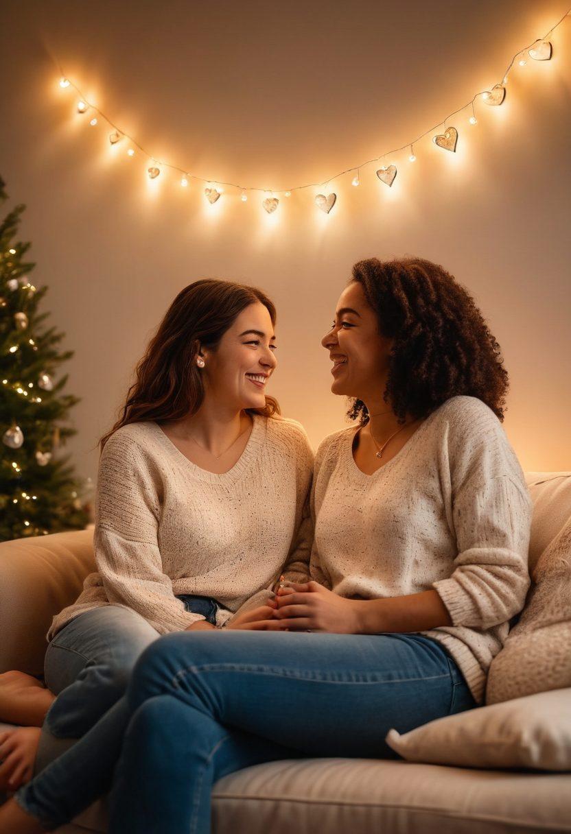 A warm and inviting scene featuring two people sitting on a cozy couch, sharing a laugh while surrounded by soft, glowing fairy lights. Their expressions radiate joy and comfort, symbolizing deep emotional connection. A heart-shaped decor piece and family photos adorn the walls, representing unconditional love. Include a pet nearby, enhancing the warmth of the space. soft focus. vibrant colors. intimate atmosphere.